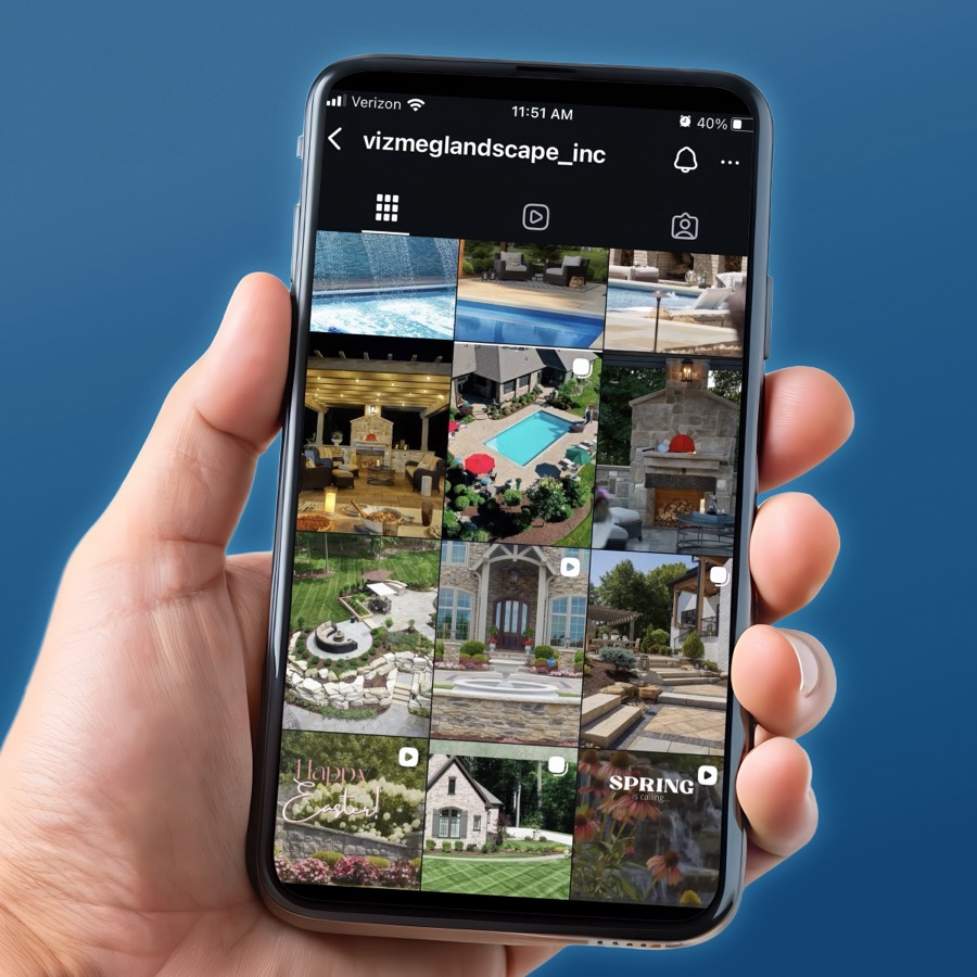 Instagram grid mockup of landscape design photo and video content created for Vizmeg Landscape